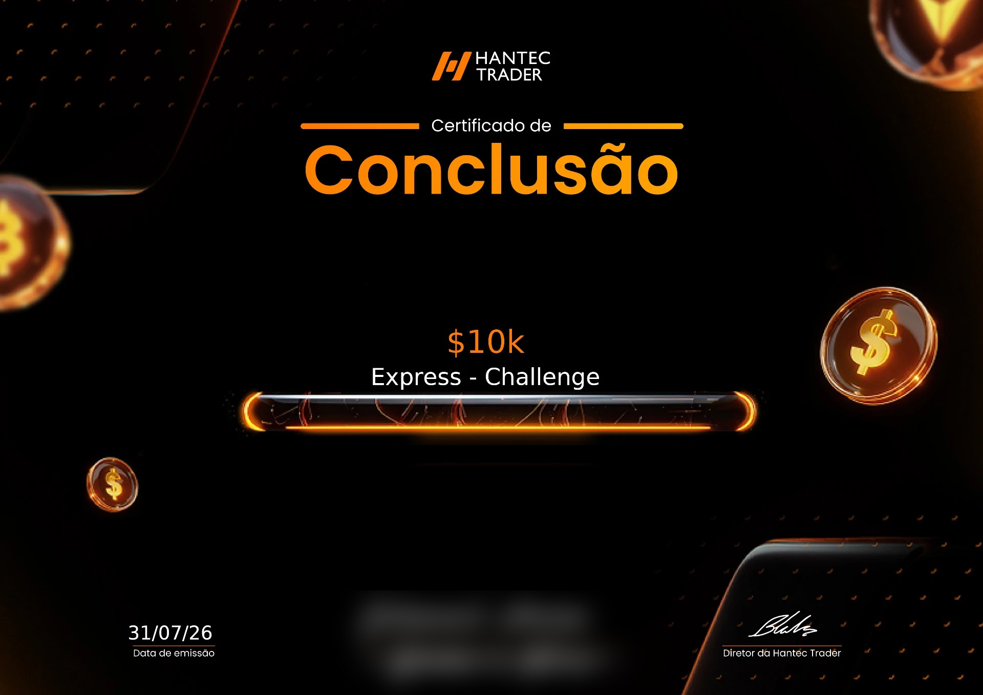 Certificado de conclusão do desafio Express de 10 mil dólares, com nome do trader ocultado